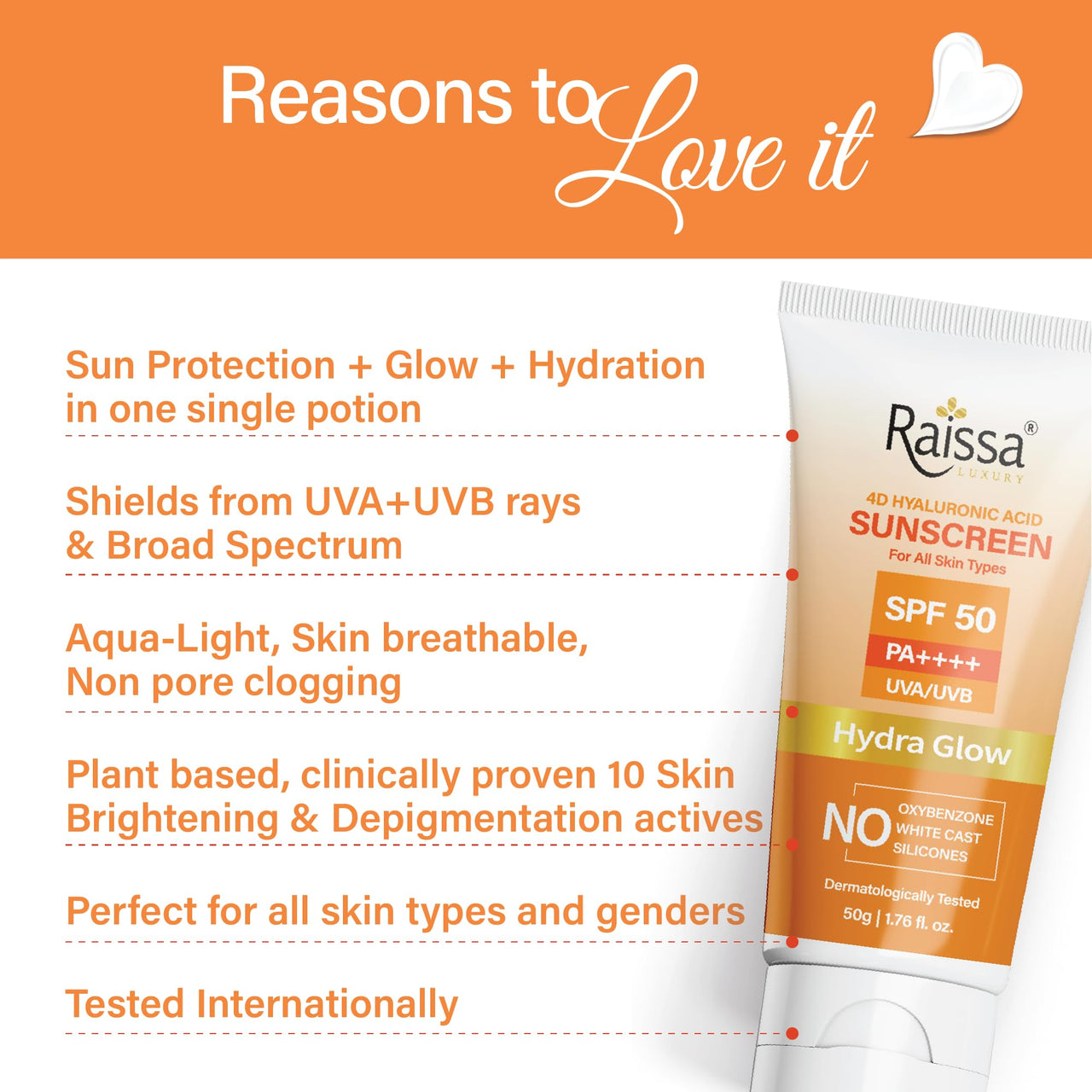 Raissa Luxury Hydra Glow Sunscreen SPF 50, PA++++, UVA/UVB Broad Spectrum, 50g with 4D Hyaluronic Acid, Brightening and Hydrating |No Silicone, No Oxybenzone, No Whitecast, All Skin types
