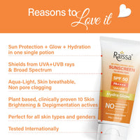 Raissa Luxury Hydra Glow Sunscreen SPF 50, PA++++, UVA/UVB Broad Spectrum, 50g with 4D Hyaluronic Acid, Brightening and Hydrating |No Silicone, No Oxybenzone, No Whitecast, All Skin types