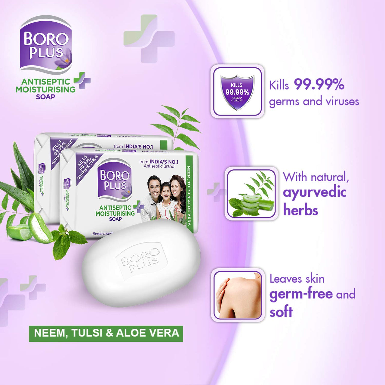Boroplus Antiseptic And Moisturising Bathing Soap With Aloe Vera, Neem And Tulsi | 99.9% Germ And Virus Protection | For Smooth, Soft & Nourished Skin, 125G (Pack Of 6)