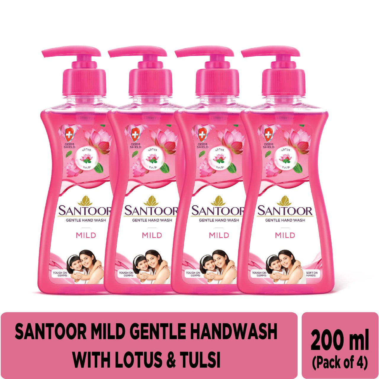 Santoor Mild Gentle Hand Wash 200ml, Pack of 4 with Goodness of Lotus & Tulsi| Rich Lathering Formula with Anti-Bacterial Properties| Soft on Hands| Soothes & Hydrates Skin