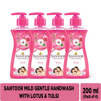 Santoor Mild Gentle Hand Wash 200ml, Pack of 4 with Goodness of Lotus & Tulsi| Rich Lathering Formula with Anti-Bacterial Properties| Soft on Hands| Soothes & Hydrates Skin