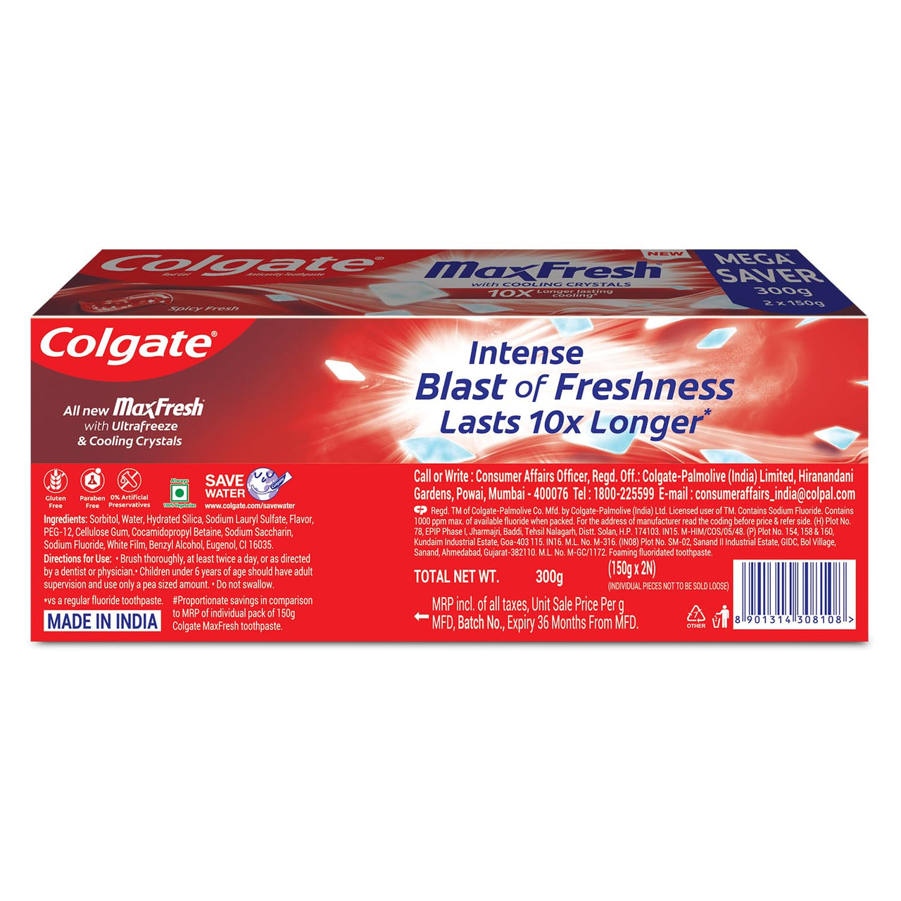 Colgate MaxFresh Toothpaste, Red Gel Tooth Paste with Menthol for Super Fresh Breath, 300g, 150g X 2 (Spicy Fresh) (Combo Pack Offer)