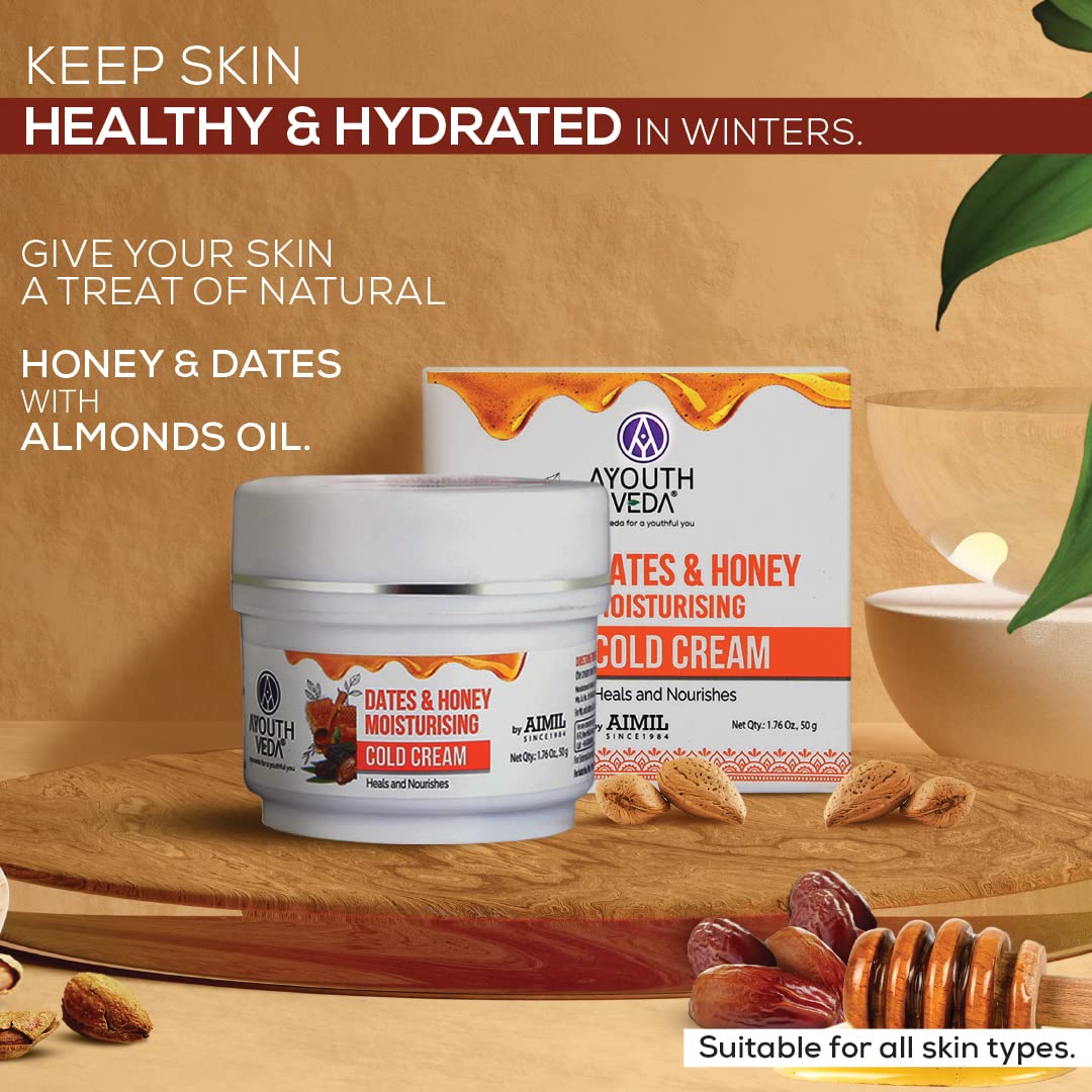Ayouthveda Dates & Honey Moisturising Cold Cream| Deep Nourishing & Skin Hydrating Moisturizer | Removes Skin Dryness With Fast Observing & Non-Greasy Solution (Pack of 1-50g)