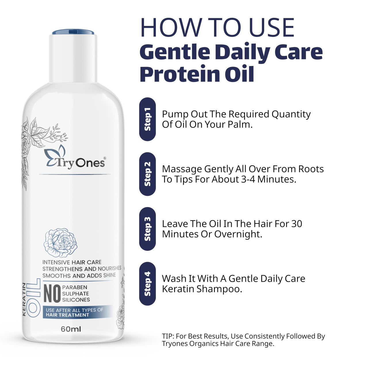 TryOnes Hair Keratin Oil || Professional Hair Keratin || Oil for Men & Women ||Deep Smoothening With Nourishes Dry Hair and Controls Frizz Hair || Protects coloured hair 60 ml