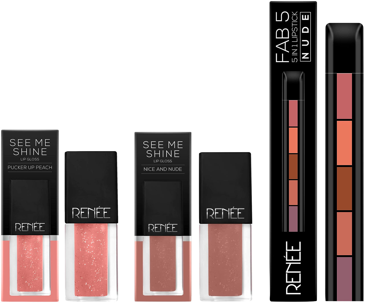 RENEE Lipstick FAB5 Nude (Matte) & Lip Gloss 2. Pucker Up Peach (Glossy) & Lip Gloss 3. Nice and Nude (Glossy)