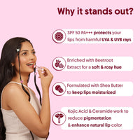 Aravi Organic Beetroot Tinted Lip Balm SPF 50 PA+++ | For Dark & Pigmented Lips | Hydrates Dry & Chapped Lips | Enriched with Kojic Acid, Ceramide, Peptide & Vitamin E | Soft, Glossy Lips for Men & Women | 5g
