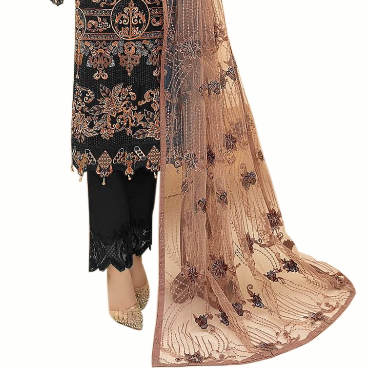 Miss Ethnik Women's  Faux Georgette Semi Stitched Top With Unstitched Santoon Bottom and Net Dupatta Embroidered Straight Top Dress Material (Pakistani Salwar Suit)