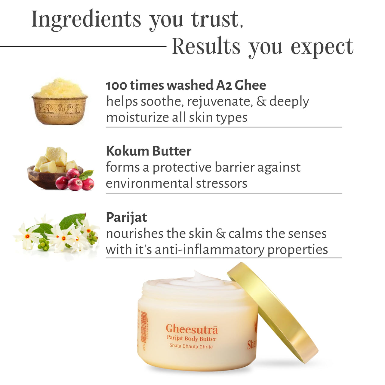 Shankara Gheesutrā Parijat Body Butter with Ayurvedic Ghee, Kokum Butter, and Aloe Vera for Dry Skin Hydration and Nourishment, Unisex Natural Glow Skin Rejuvenation - 200ml