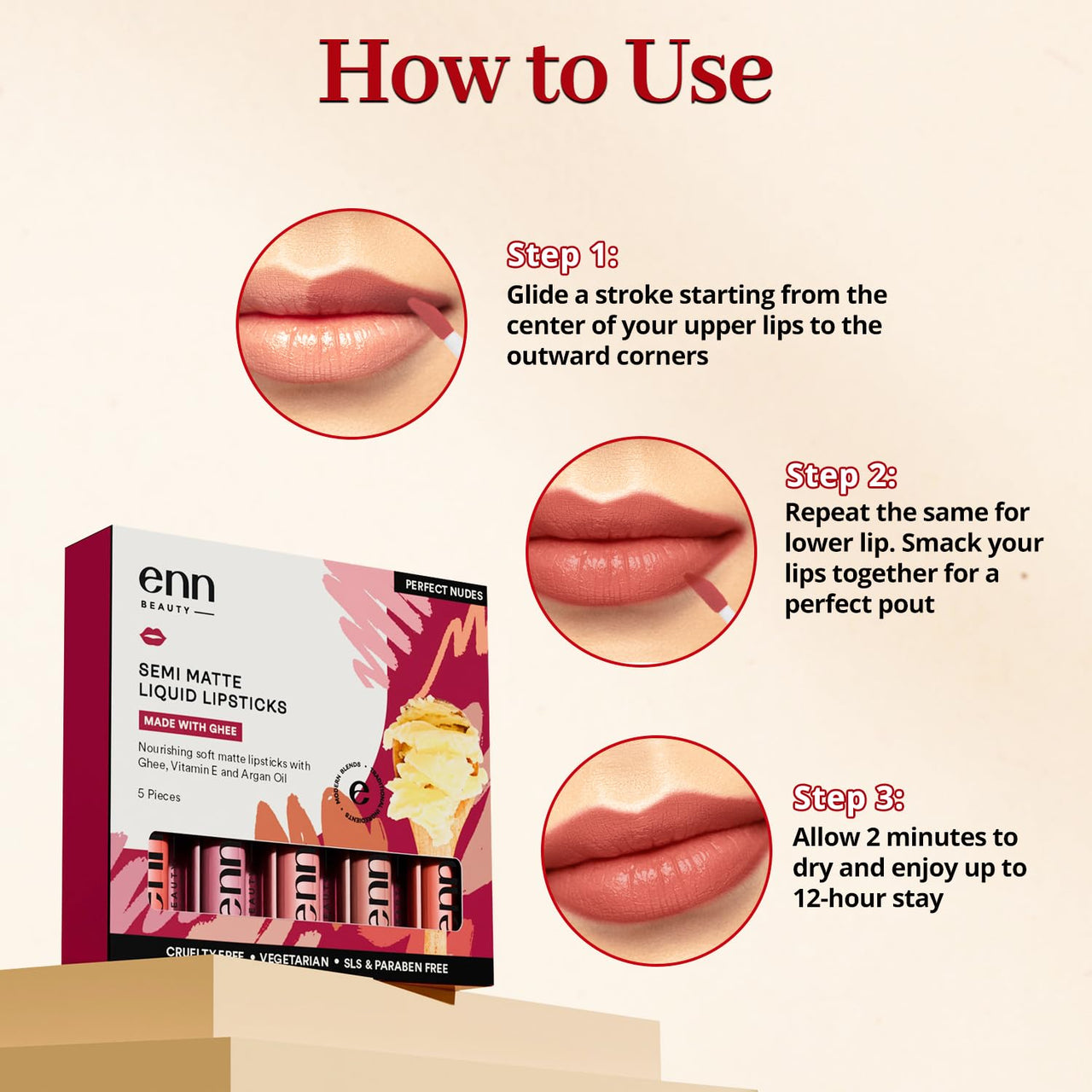 ENN Long Lasting Semi Matte Nourishing Soft Liquid Lipsticks Kit With 12 Hour Coverage | Transfer proof Highly Pigmented Godness of Natural Ingredients of Ghee | Vitamin-E | Argan Oil | Pack Of 5 Perfect Nudes