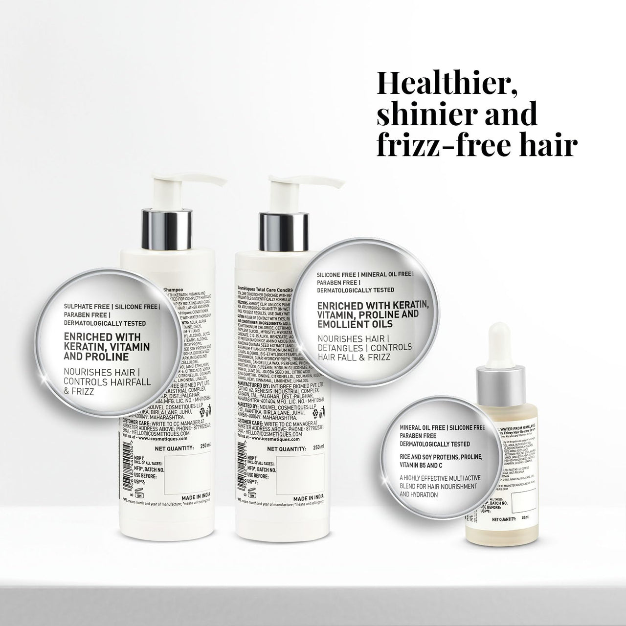iCosmetiques Ultimate Haircare Trio |Nourishing Shampoo, Hydrating Conditioner & Anti-Frizz Serum Trio for Dry, Damaged Hair | Reduces Hair Fall, Frizz & Breakage | Sulphate & Silicone Free | Unisex