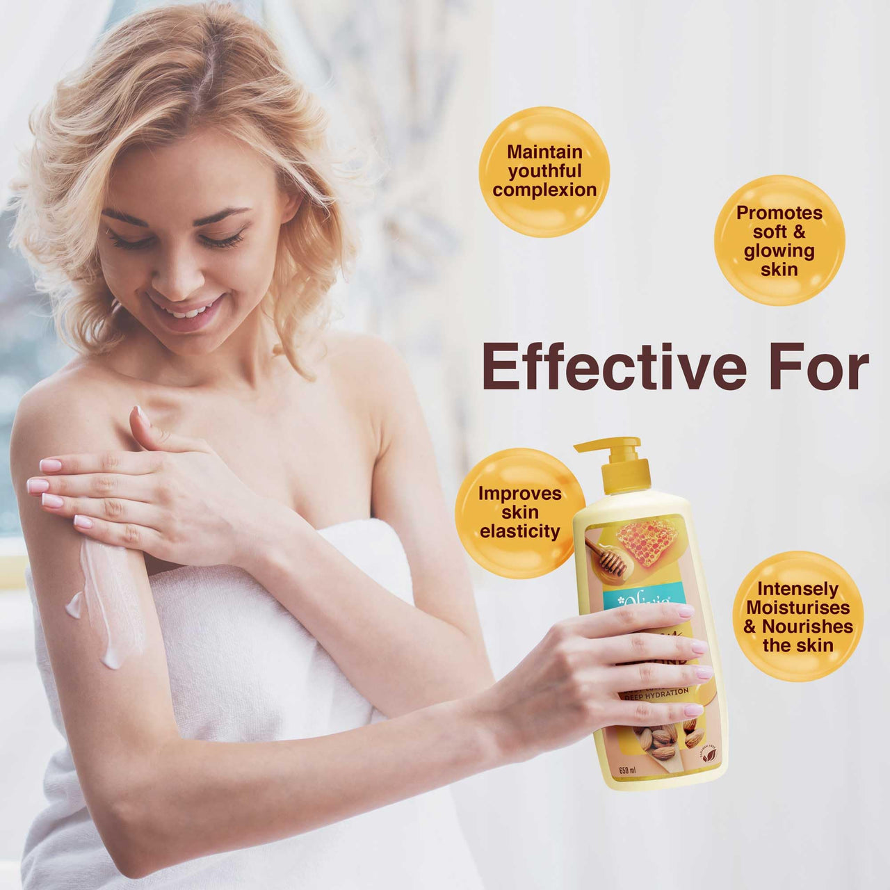 Olivia Honey Almond Deep Hydration Body Lotion | For Soft, Nourishing And Glowing Skin | With Honey, Almonds, Olive Oil, And Vitamin E | 650Ml