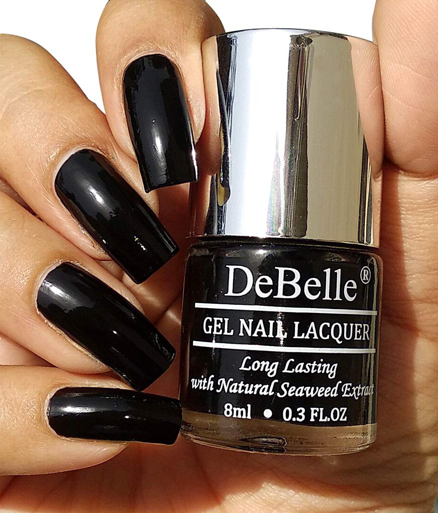 DeBelle Gel Nail Polish, Glossy Finish, Luxe Noir (Black) - Enriched with natural Seaweed Extract, Cruelty Free, Toxic Free, 8ml