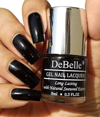 DeBelle Gel Nail Polish, Glossy Finish, Luxe Noir (Black) - Enriched with natural Seaweed Extract, Cruelty Free, Toxic Free, 8ml