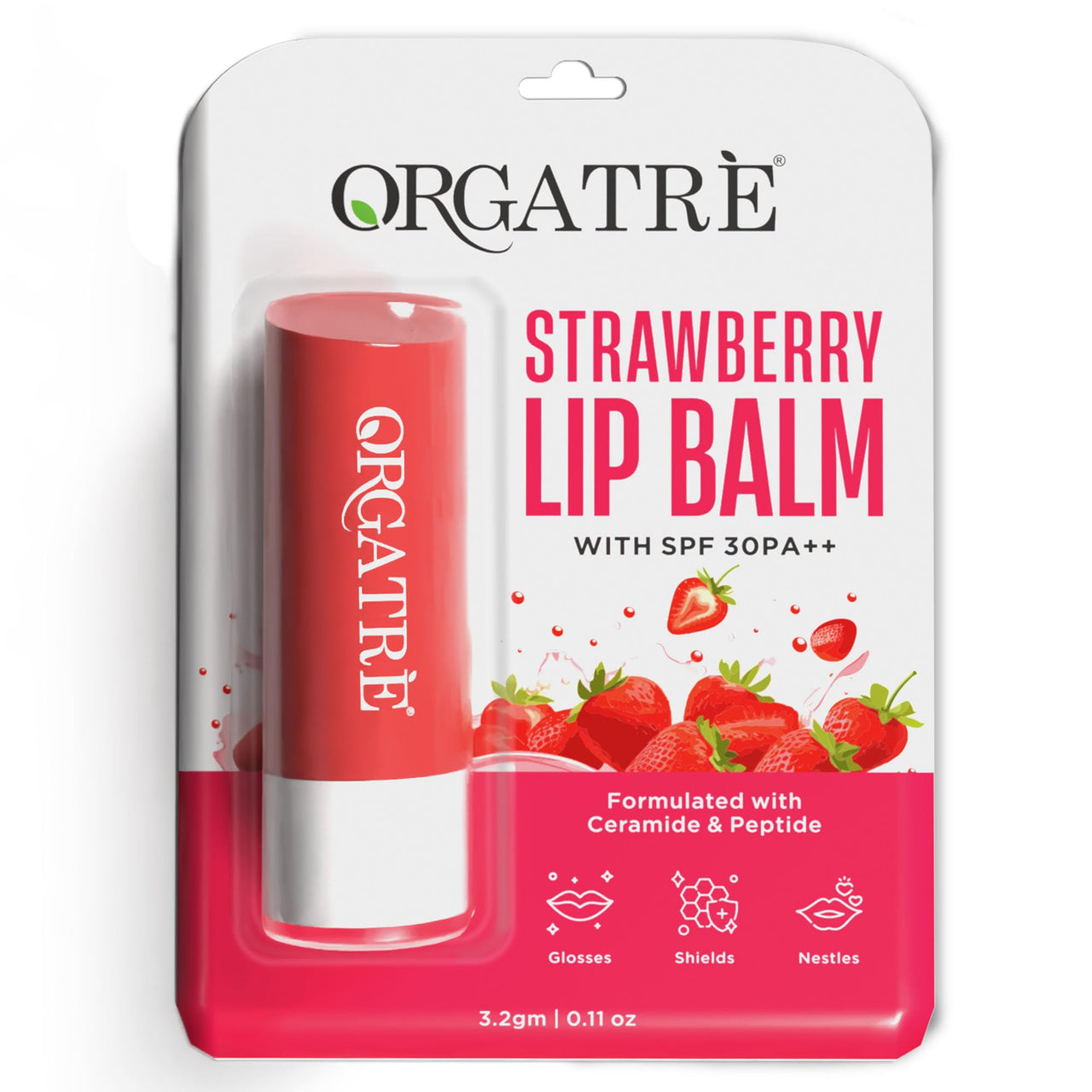 ORGATRE Strawberry Lip Balm for women 3.2gm | SPF 30 PA++ | Lip Balm for Dark Lips, Pigmentation, Dry & Chapped Lips | Ceramide & Peptide