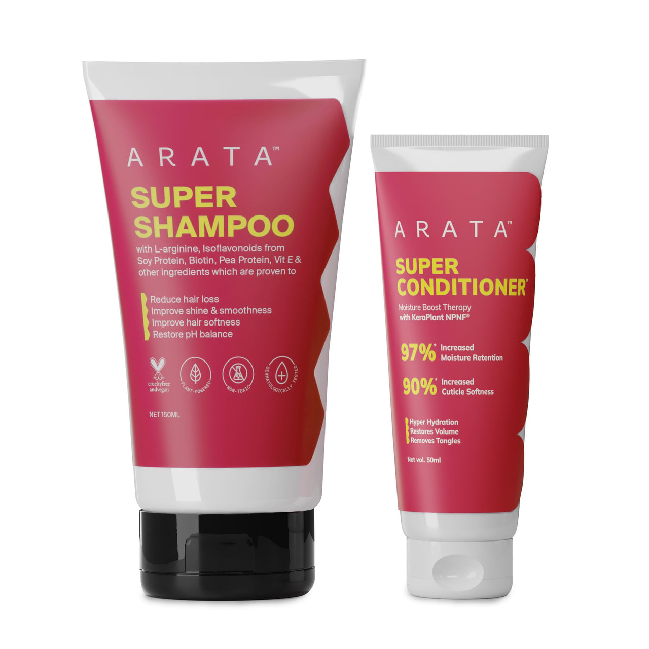 Arata Essential Care Super Duo Travel Pack | Super Shampoo & Conditioner | Reduces Hair Fall, Adds Shine, Volumizes | With Keratin, Biotin & Argan Oil | Paraben & Sulphate Free | 200ML