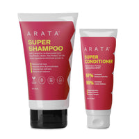 Arata Essential Care Super Duo Travel Pack | Super Shampoo & Conditioner | Reduces Hair Fall, Adds Shine, Volumizes | With Keratin, Biotin & Argan Oil | Paraben & Sulphate Free | 200ML