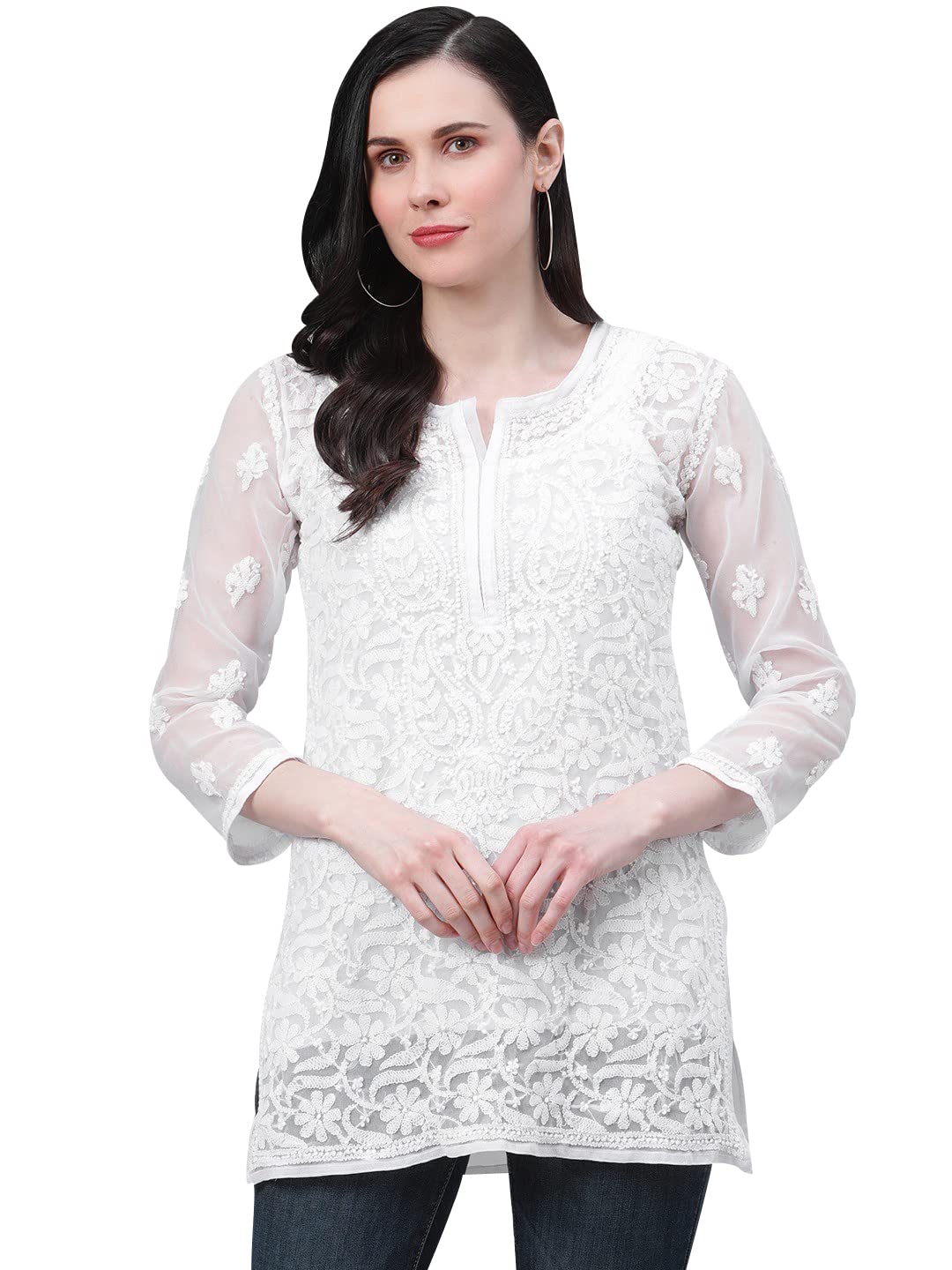Ada Women's  Hand Embroidered Lucknowi Chikankari Georgette Short Top Kurti with Slip