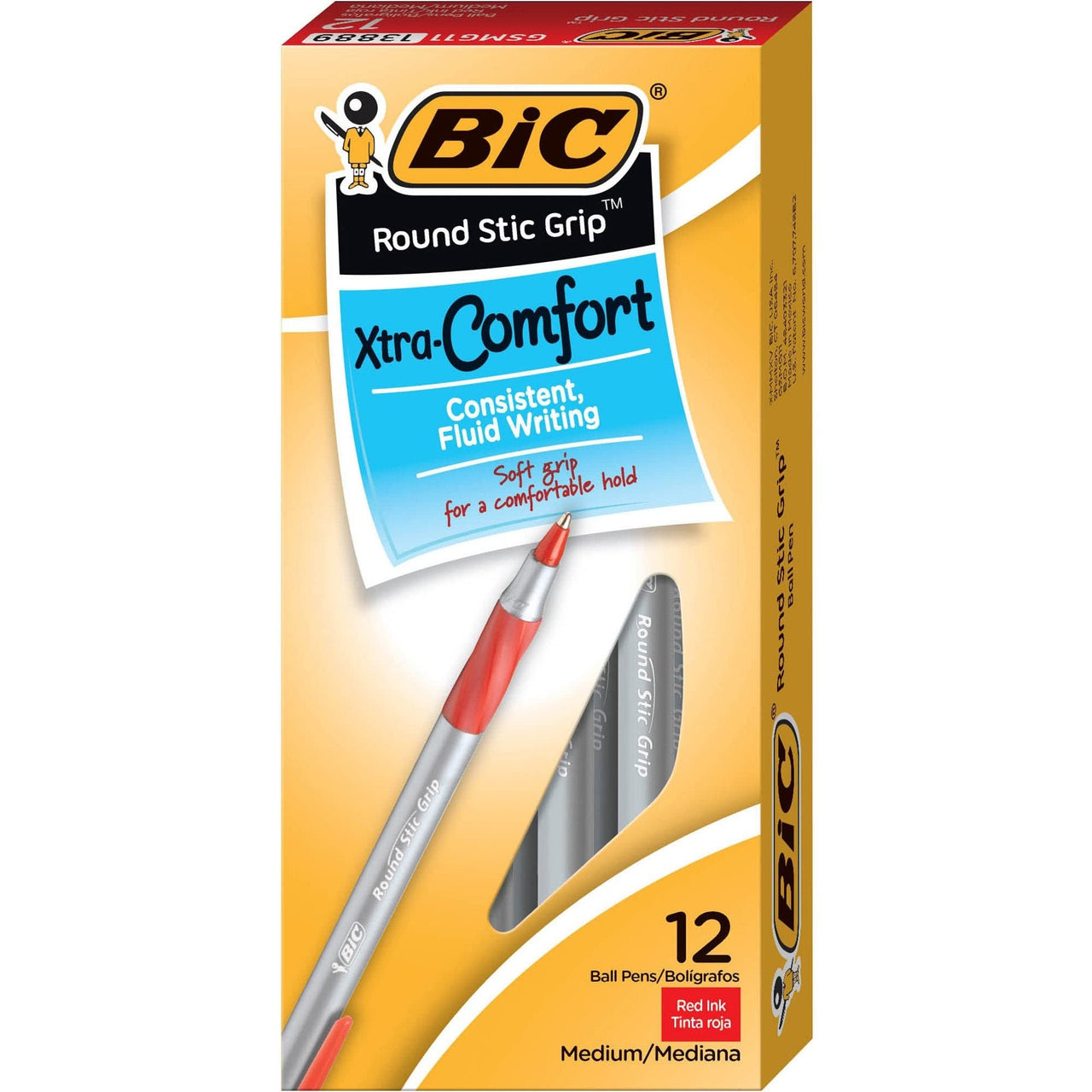 BIC Round Stic Grip Xtra Comfort Ballpoint Pen, Medium Point (1.2mm), Red, 12-Count
