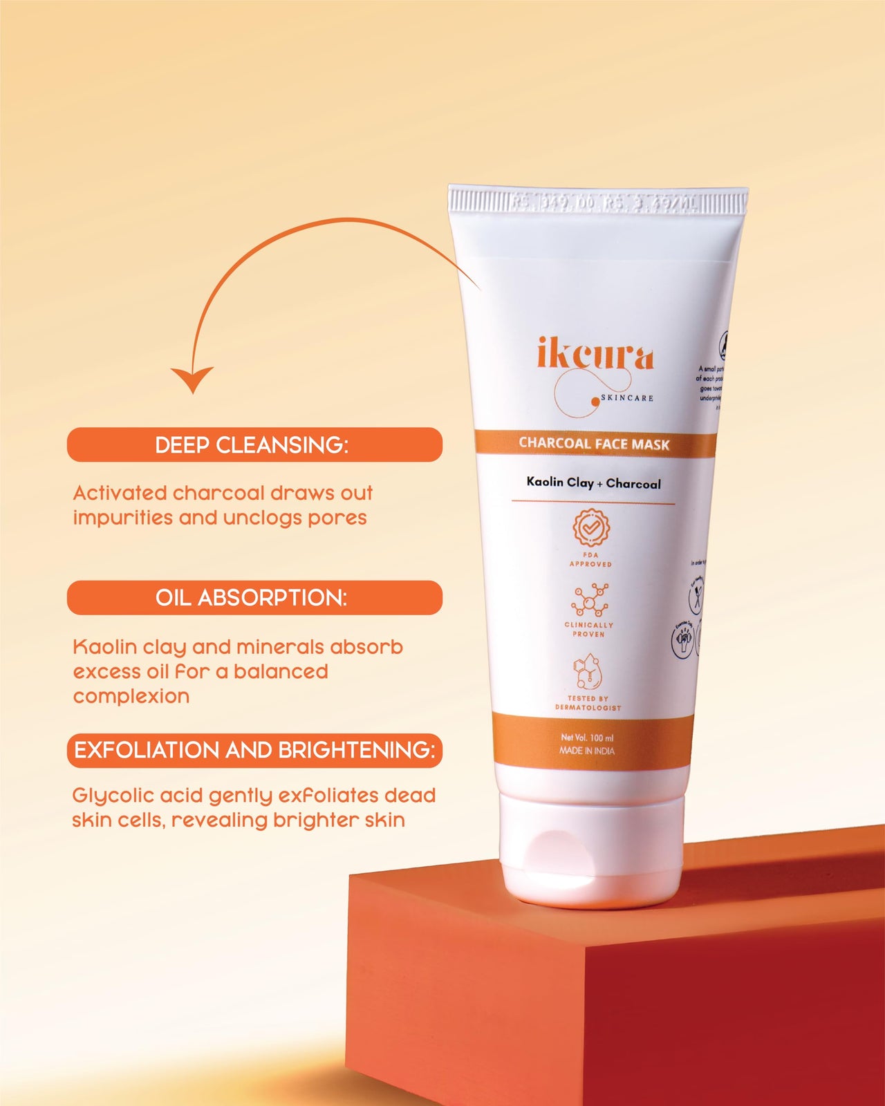 Ikcura Charcoal Face Mask with Kaolin Clay, Charcoal | Deep Cleansing, Oil Absorption, Detoxifying & purifying your Skin, Exfoliation and Brightening Skin, 100ml