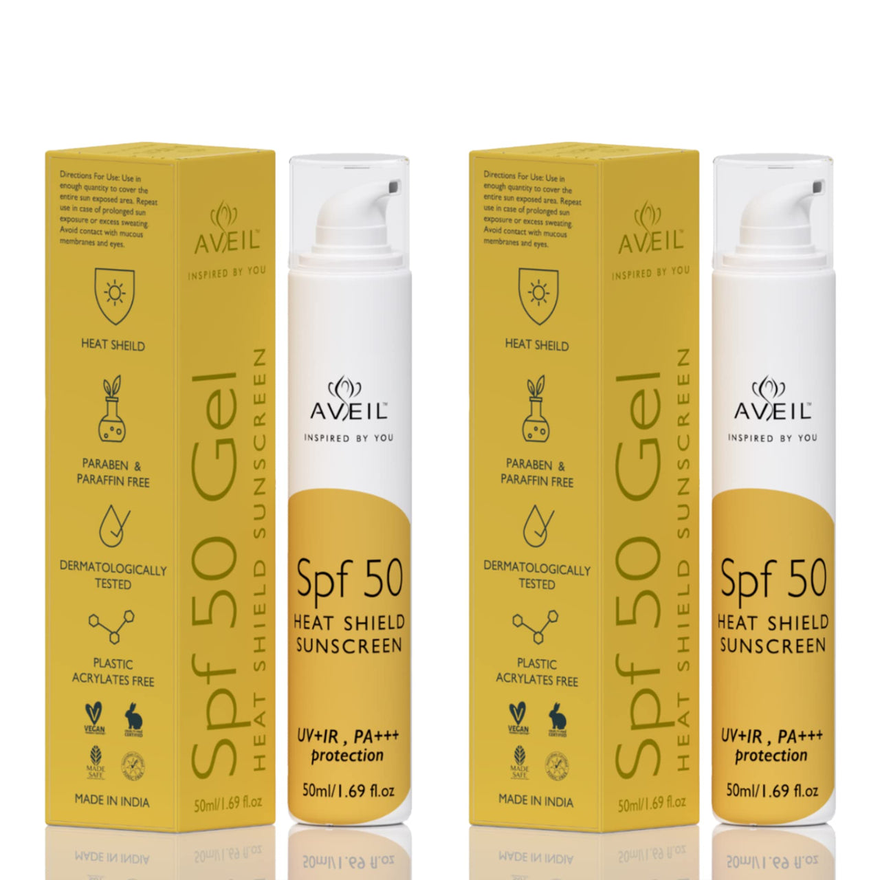 AVEIL Heat Shield Gel Sunscreen SPF 50 With PA+++ | For All Skin Types | Paraben & Paraffin free | Hydrating Sunscreen | Sun Protection From UVA, UVB, IR | No White Caste | Pack of 2-50ml each