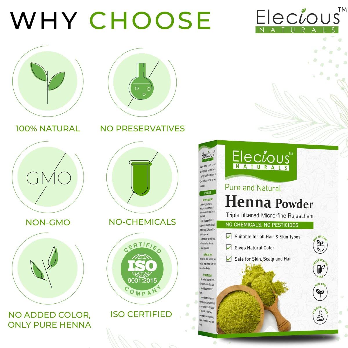 Elecious Natural Henna Powder For Hair Colour and Growth (200 Grams)
