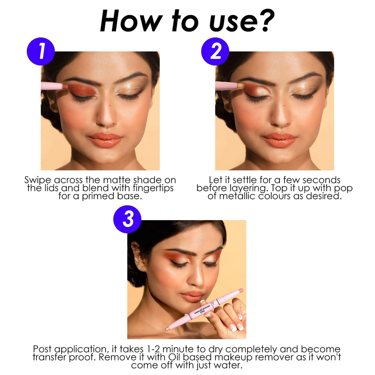 Blue Heaven Swipe & Shimmer Eye Shadow infused with Primer, Smudge Proof, Eye Shadow Stick Dual ended - Coco Cream, 2.2g