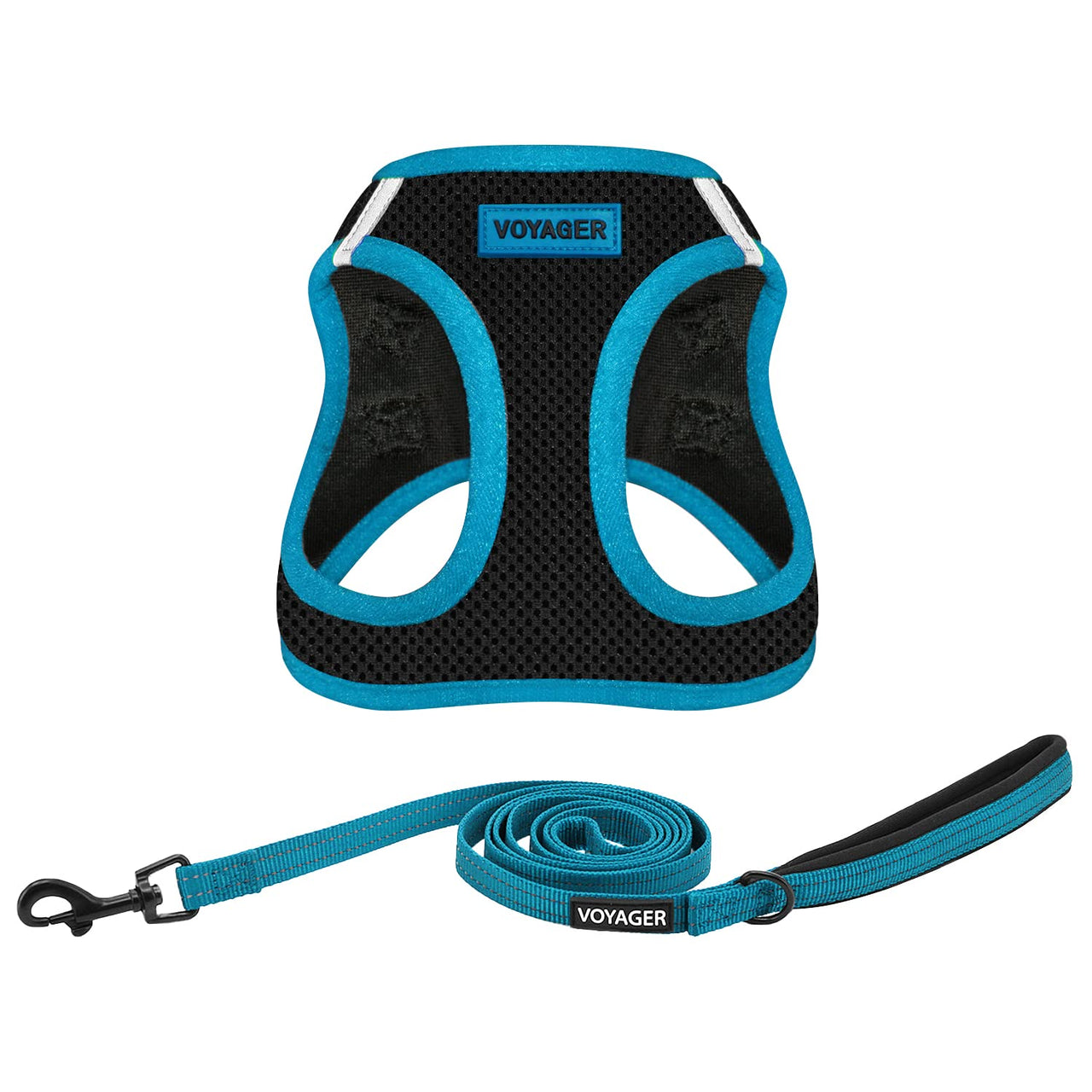 Voyager Step-in Air All Weather Mesh Harness and Reflective Dog 5 ft Leash Combo with Neoprene Handle, for Small, Medium and Large Breed Puppies by Best Pet Supplies - Black/Blue Trim, Small