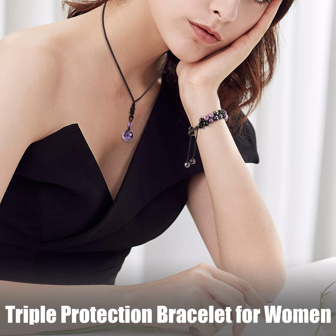 Triple Protection Bracelet for Women, Handmade Bracelet for Men Genuine Amethyst Black Obsidian Hematite 8mm Healing Crystal Bracelets Bring Luck Prosperity Happiness