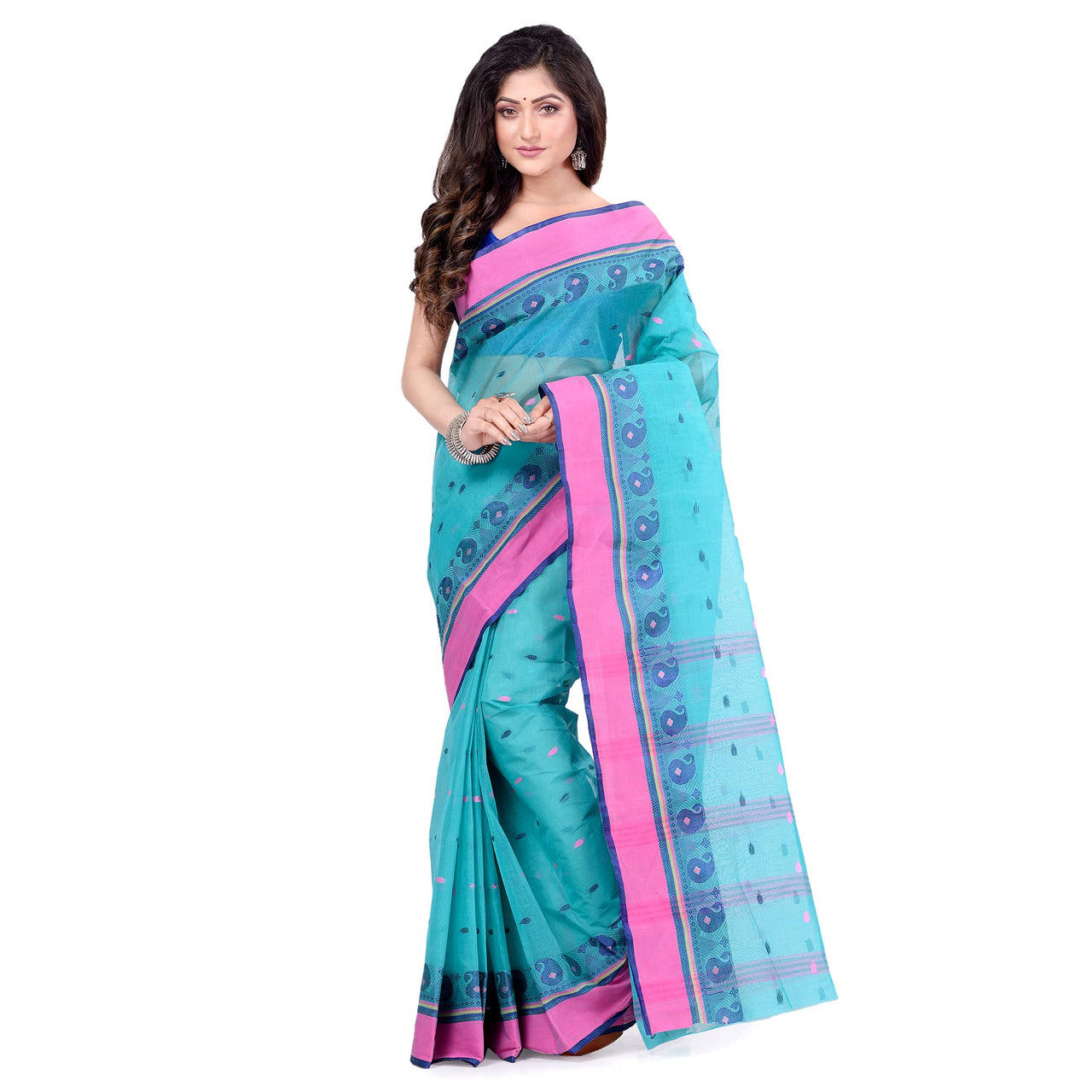 dB DESH BIDESH Women`s Traditional Bengal Tant Woven Minakari Kolka Design Pure Handloom Cotton Saree Without Blouse Piece