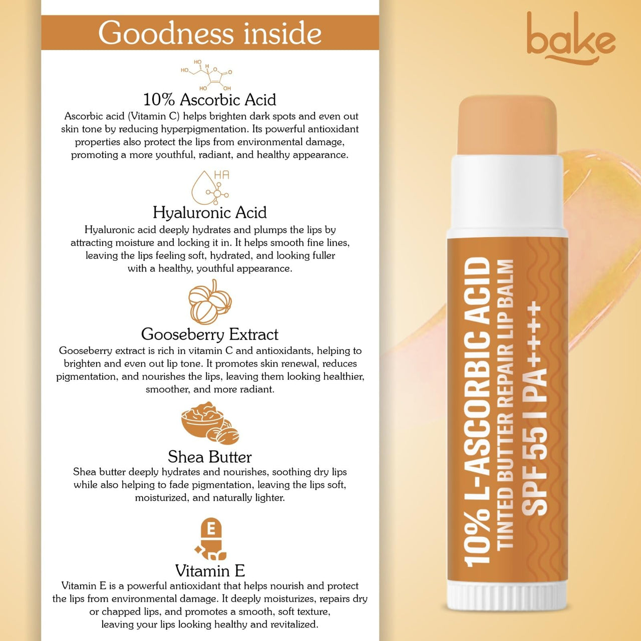 BAKE 10% L-Ascorbic Acid Tinted Butter Brightening Lip Balm SPF 55 PA++++ with Kojic Acid 24 Hour Moisturization | For Dark, Pigmented, Dry & Chapped Lips | De-Tan Lip Balm | For Men & Women - 5g