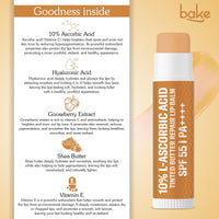 BAKE 10% L-Ascorbic Acid Tinted Butter Brightening Lip Balm SPF 55 PA++++ with Kojic Acid 24 Hour Moisturization | For Dark, Pigmented, Dry & Chapped Lips | De-Tan Lip Balm | For Men & Women - 5g