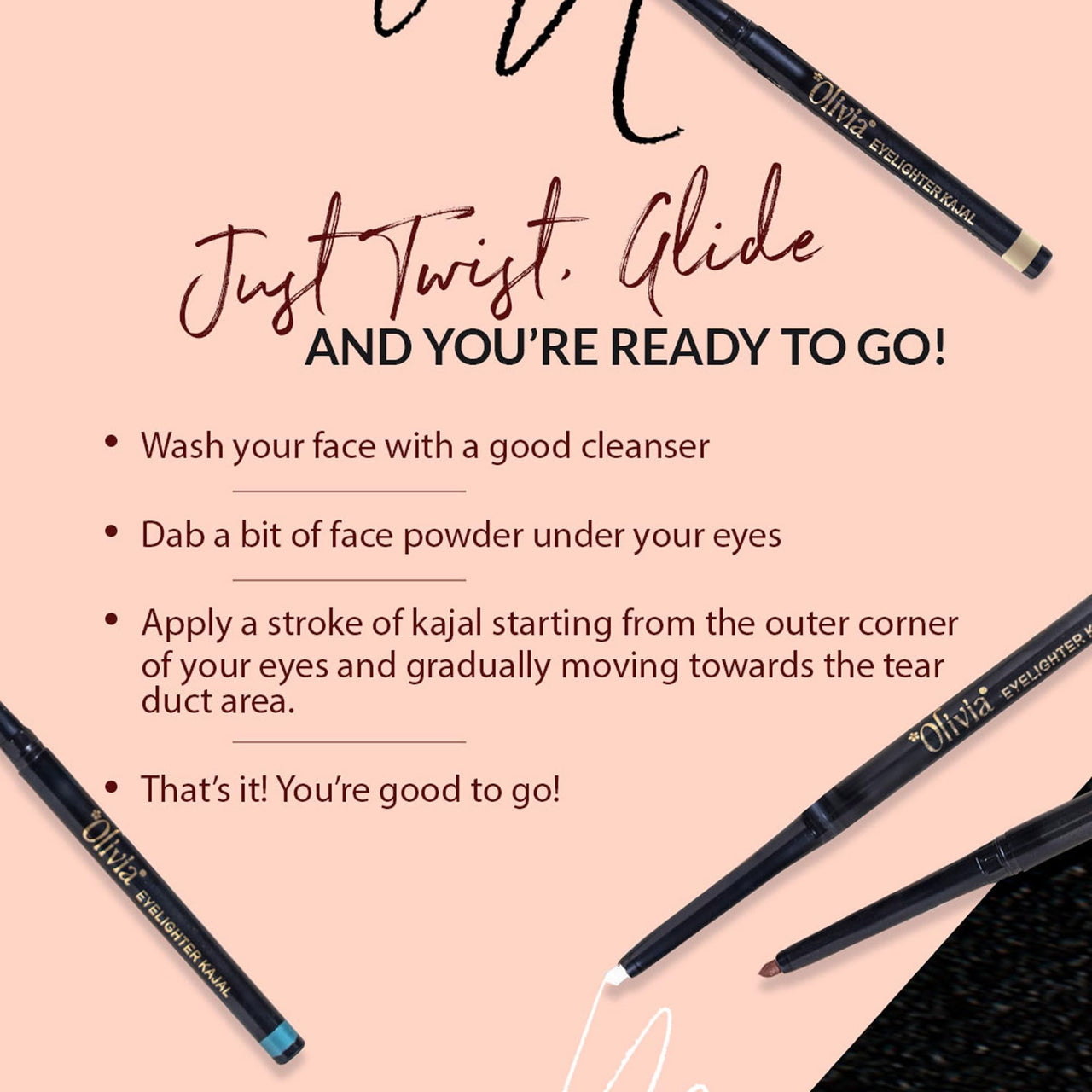 Olivia Eye Lighter Kajal - Teal, 0.3G Long Lasting, One Stroke Smooth Glide,Waterproof, Smudgeproof & Fadeproof, Matte Finish Eye Makeup