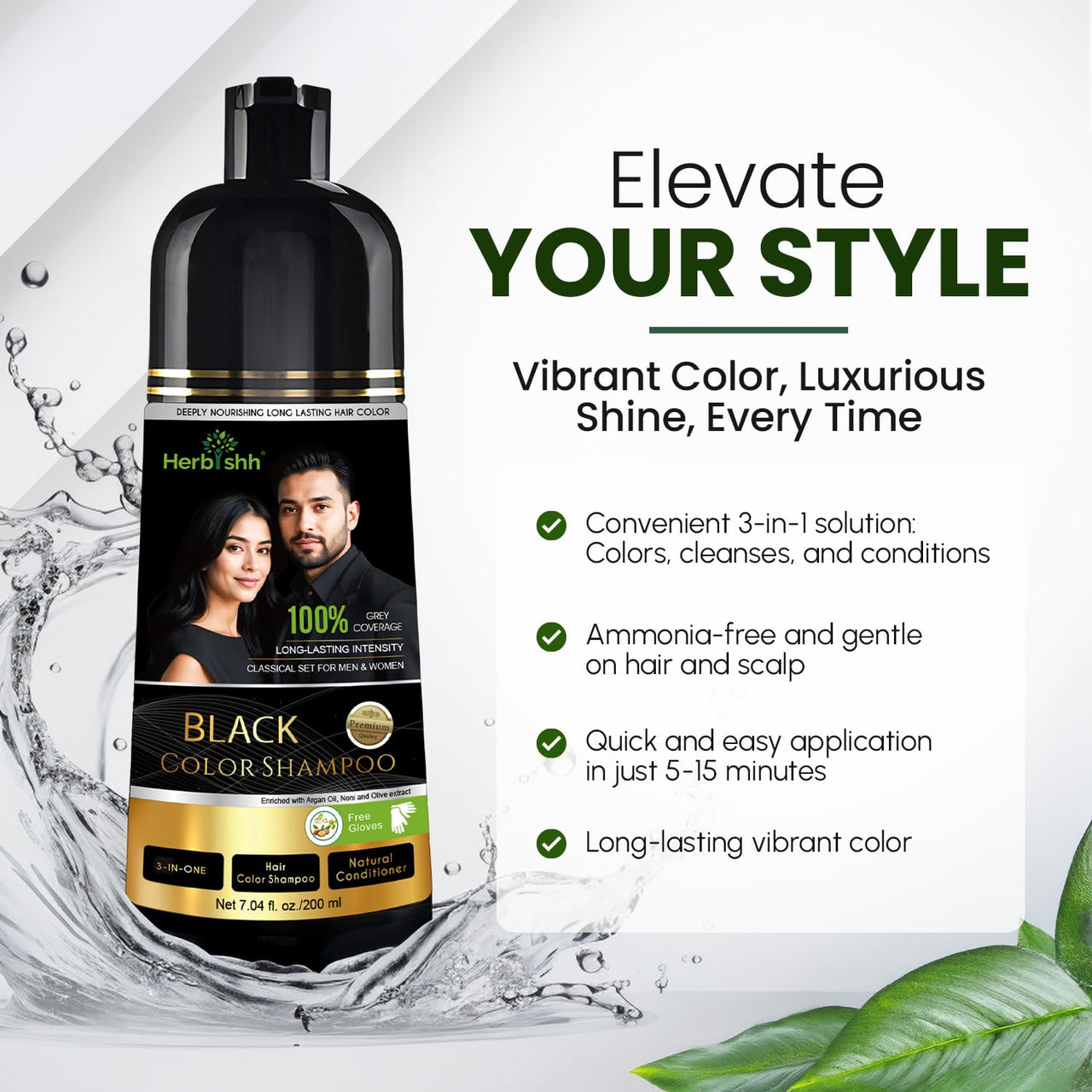 Herbishh Hair Color Shampoo Black | 100% Grey Coverage, Demi-Permanent Hair Color for Men & Women, Long-lasting Color in 5-15 Mins, Ammonia-free, 200 ml