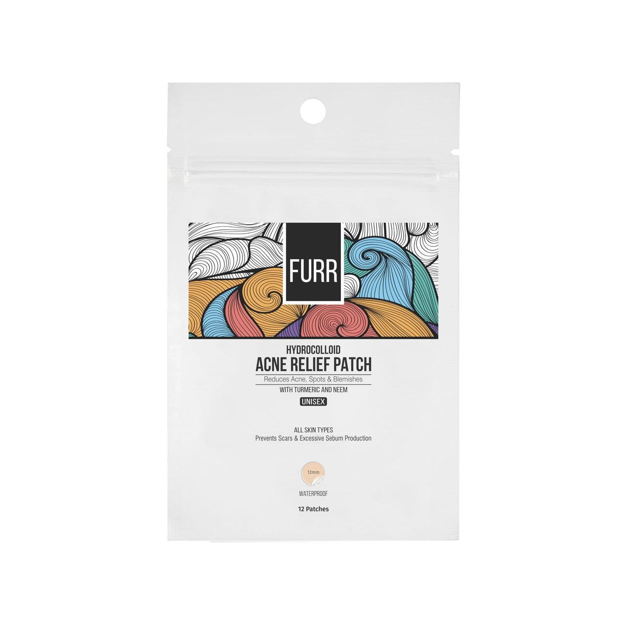 FURR by Pee Safe Acne Patches For Pimples | 12 Hydrocolloid Acne Relief Patches - 3 Sizes | Made with Ayurvedic Ingredients | Anti Inflammatory | Reduces Acne, Spots and Blemishes