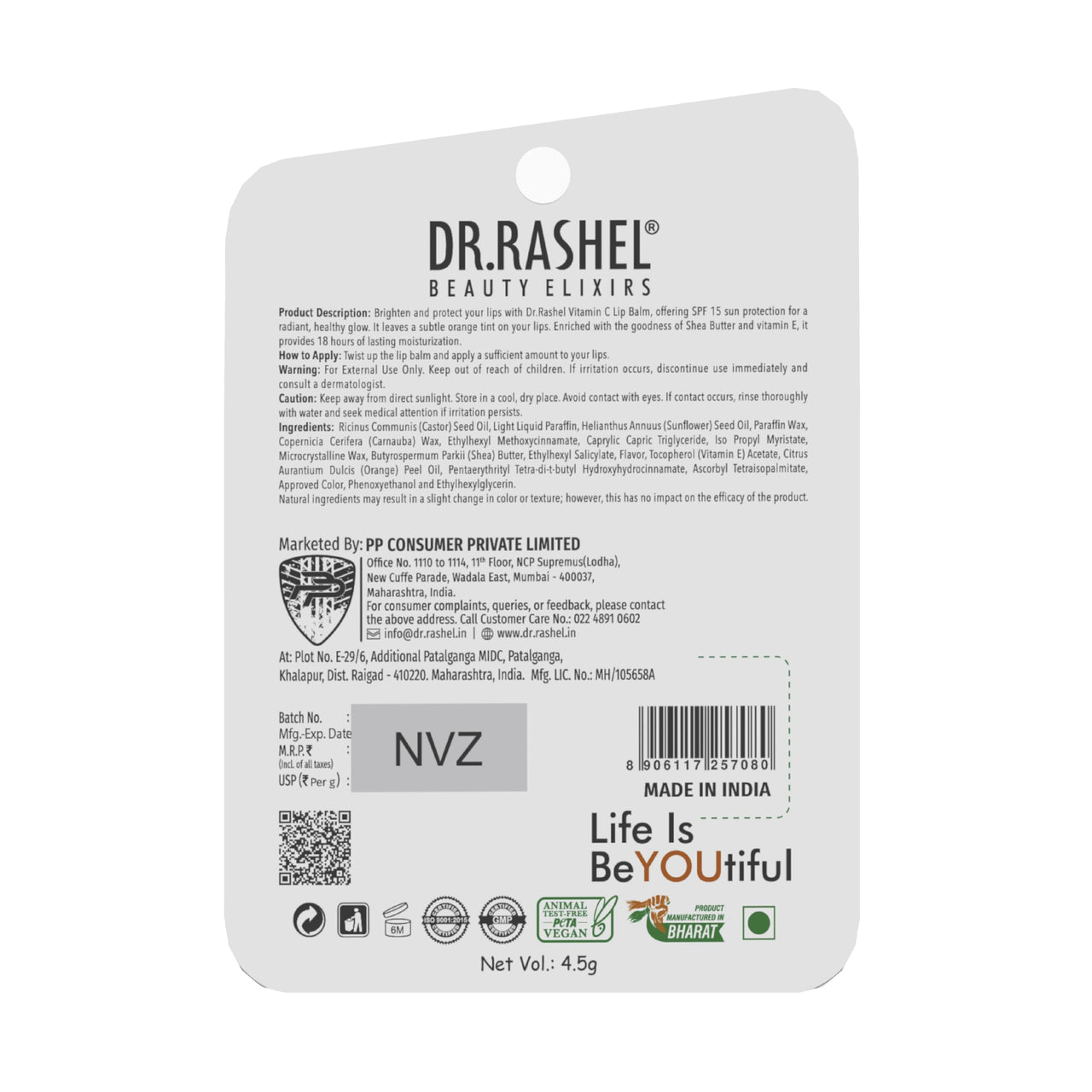 Dr.Rashel Vitamin C Nourishing Lip Balm - 4.5 gms – Tinted Lip Moisturizer for Dry and Chapped Lips, Enriched with vitamin E and Natural Oil, Intense Hydration and UV protection