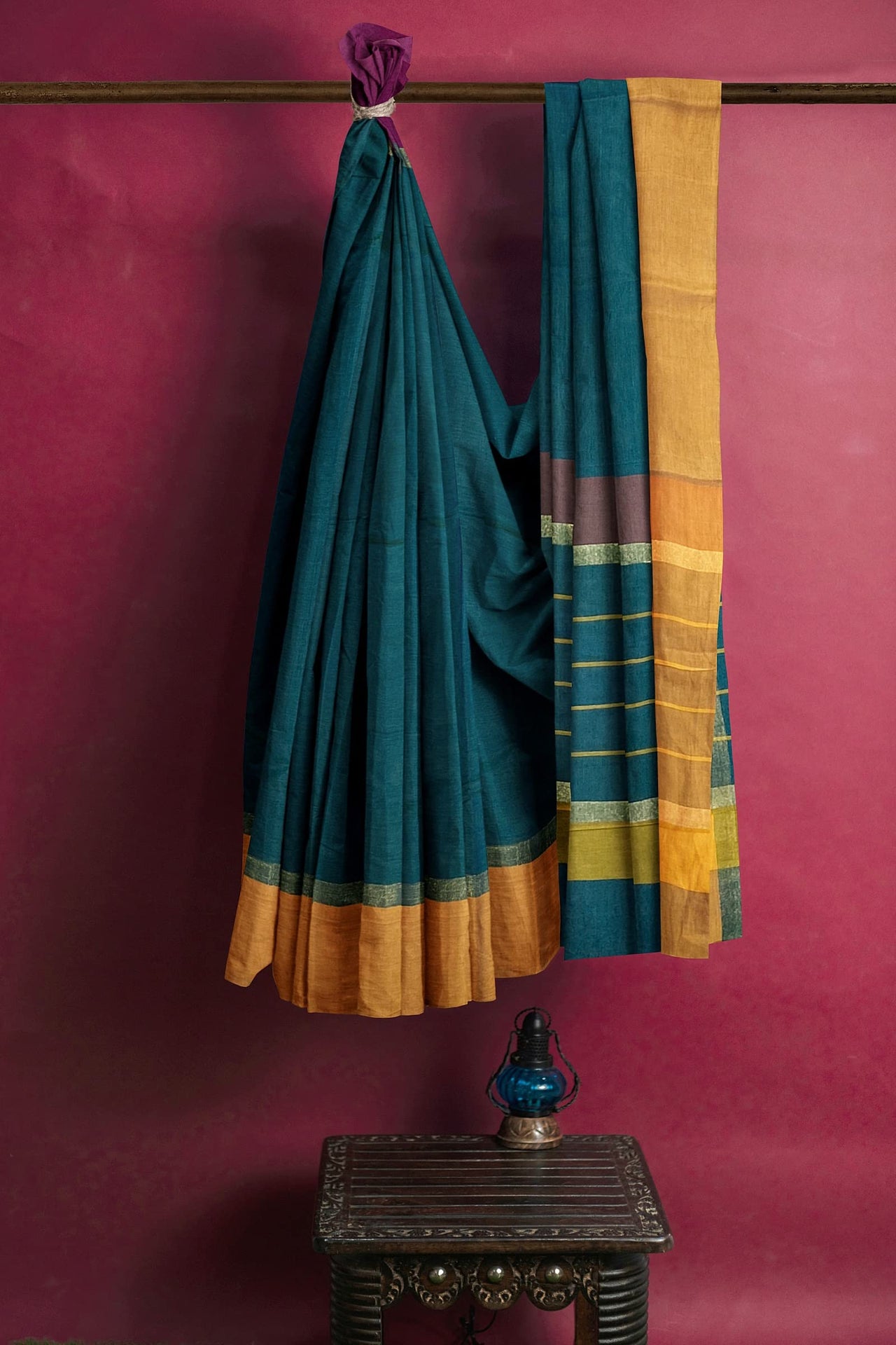 SENSAN Women’s Handloom Kanchi Cotton Saree with Blouse Piece [SKU:430] Light Beige×Navy Blue