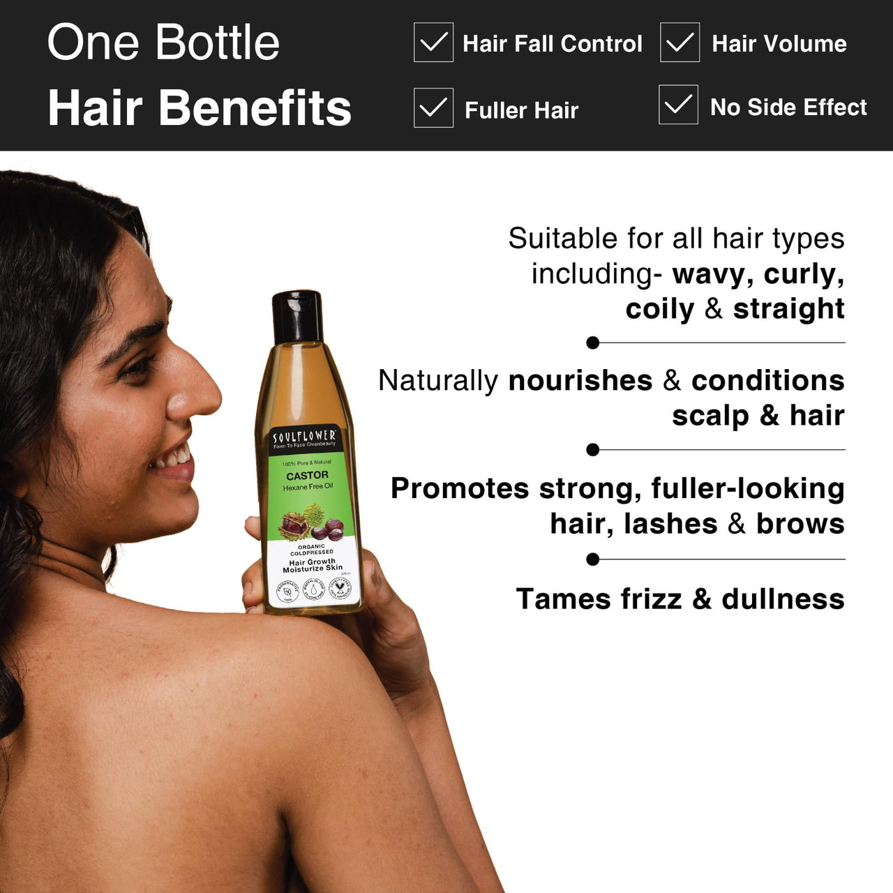 Soulflower Organic Castor Hair Oil 225ml | Cold-Pressed & Clinically Proven for Hair Growth | Stronger Hair, Skin Hydration & Nail Care | 100% Pure & Natural | No Mineral Oil or Parabens