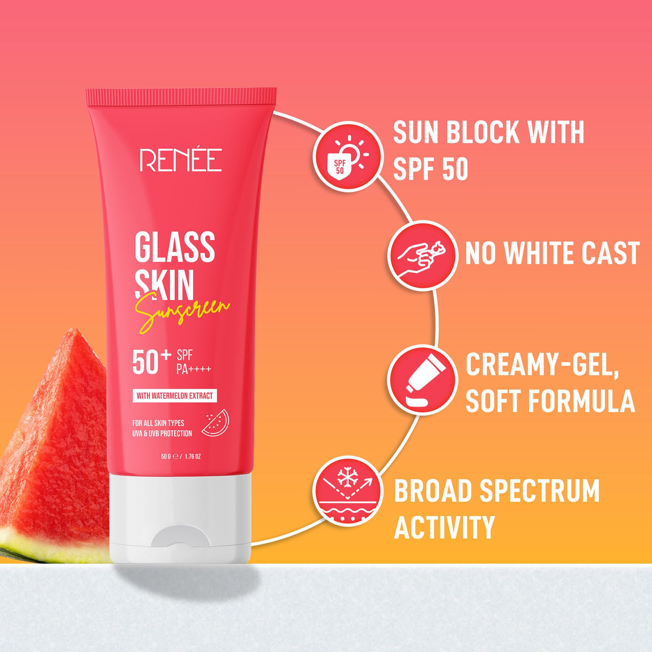 RENEE Glass Skin Gel Sunscreen SPF 50, UVA & UVB Protection, Lightweight, Hydrating & Non-Sticky, Zero White Cast, For Radiant, Supple Skin, Infused with Watermelon, Beetroot & Hyaluronic Acid 50gm
