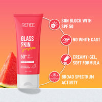 RENEE Glass Skin Gel Sunscreen SPF 50, UVA & UVB Protection, Lightweight, Hydrating & Non-Sticky, Zero White Cast, For Radiant, Supple Skin, Infused with Watermelon, Beetroot & Hyaluronic Acid 50gm