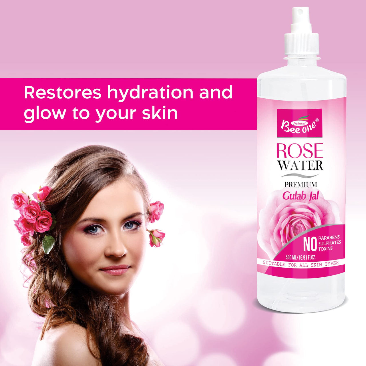 BEE ONE ROSE WATER 500 ML for Hydrated, Glowing Skin Premium Toner & Cleanser for Soft All Skin Types