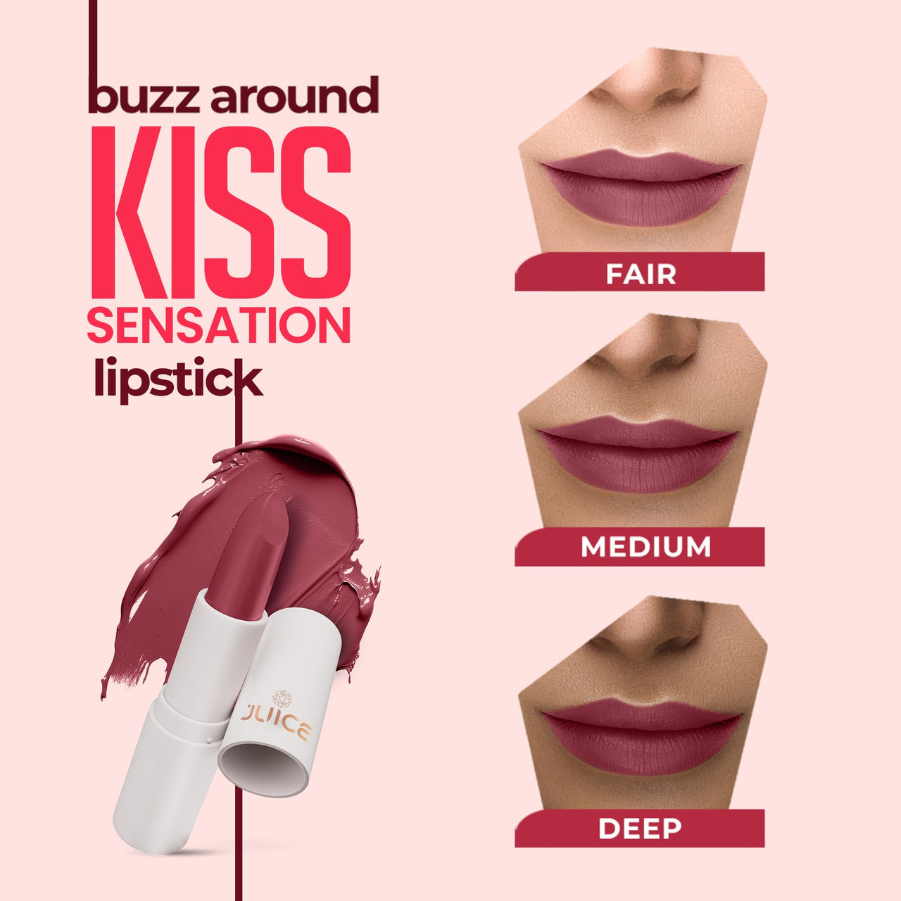 Juice Kiss Sensation Lipstick with Goodness of Bio Retinol, UV Protection & Long lasting Lipstick, Pack of 3 (Red Carpet - M02, Party Pink - M10, Nude Power - M15)