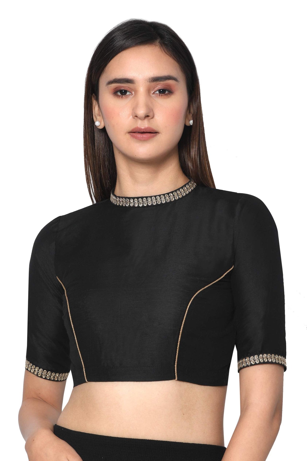 RENE Women's  Silk Solid Half Sleeve Blouse (D-1005170-BLACK-32_Black_32)