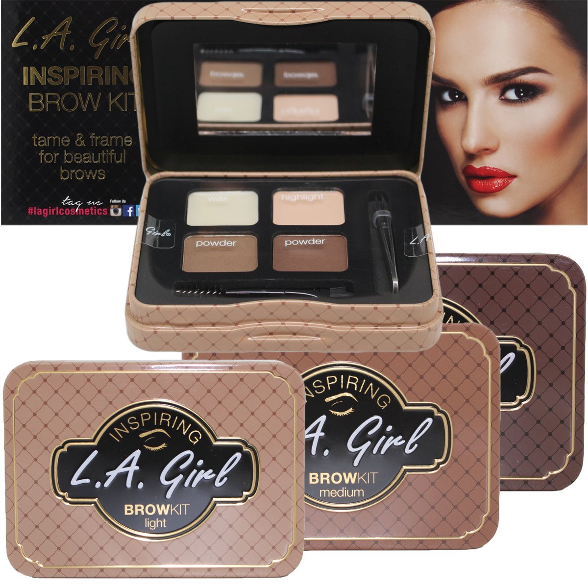 L.A.Girl Spiring Eyebrow Kit Dark and Defined | Browkit to Shape, Define and Fill the Eyebrows, Kit with 1 Brow Wax, 3 Fixing Powders, 1 Brush and 1 Tweezers, Vegan Product, Paraben & Cruelty-6.5g