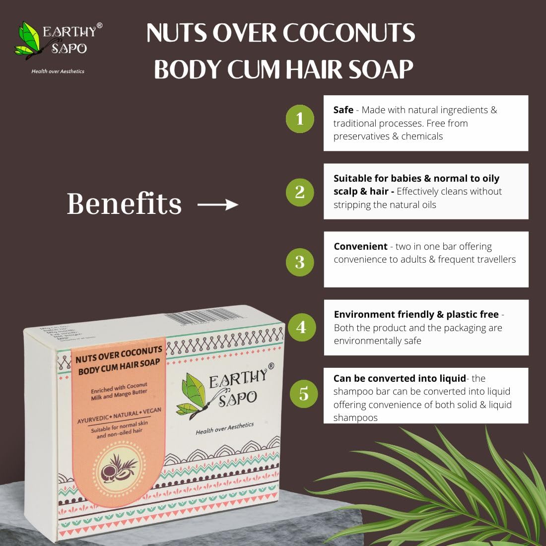 Earthy Sapo Handmade Nuts Over Coconuts Body and Hair Soap | Coconut Milk & Mango Butter Blend for Nourishing Skin and Hair Care | Multipurpose Use | 100g (Pack of 3)