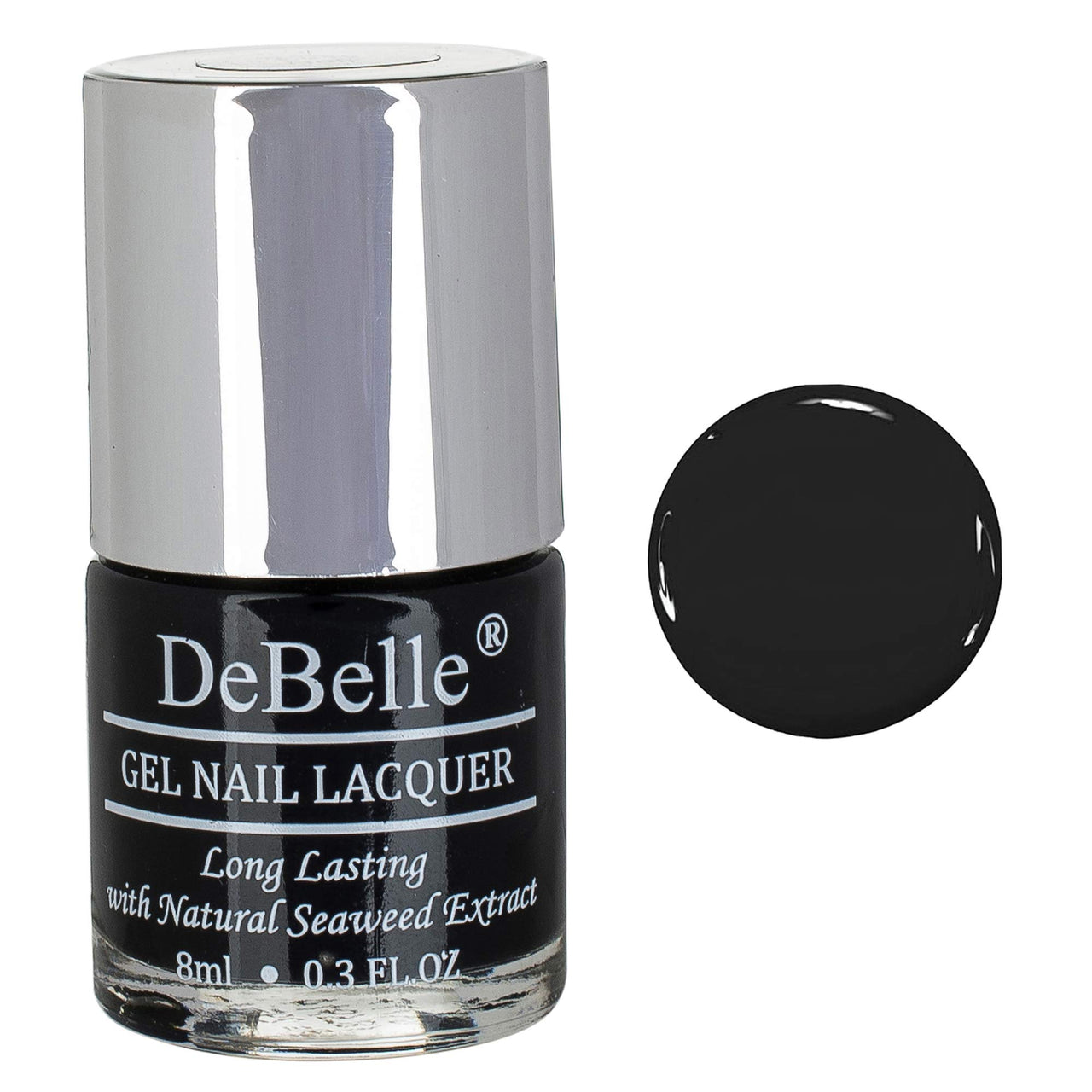 DeBelle Gel Nail Polish, Glossy Finish, Luxe Noir (Black) - Enriched with natural Seaweed Extract, Cruelty Free, Toxic Free, 8ml