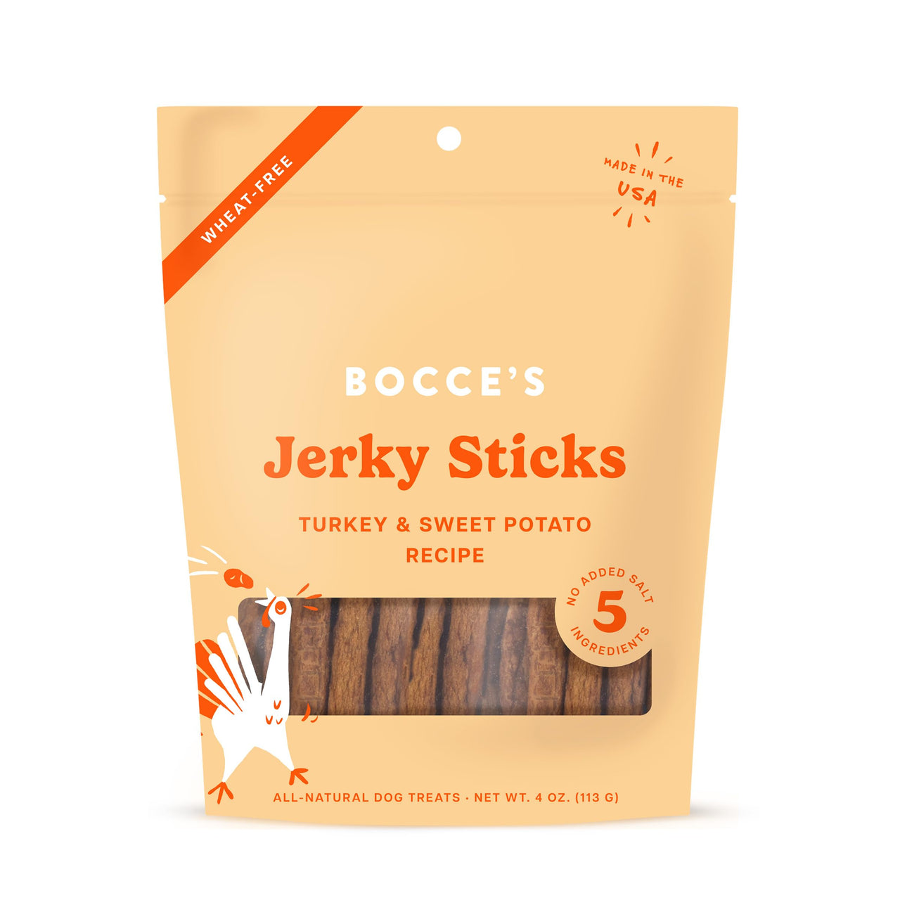Bocce's  Bakery Jerky Stick Dog Treats, Wheat-Free, Made with Limited-Ingredients, Baked in The USA with No Added Salt or Sugar, All-Naural & High-Protein, Turkey & Sweet Potato, 4 oz Turkey + Sweet Potato