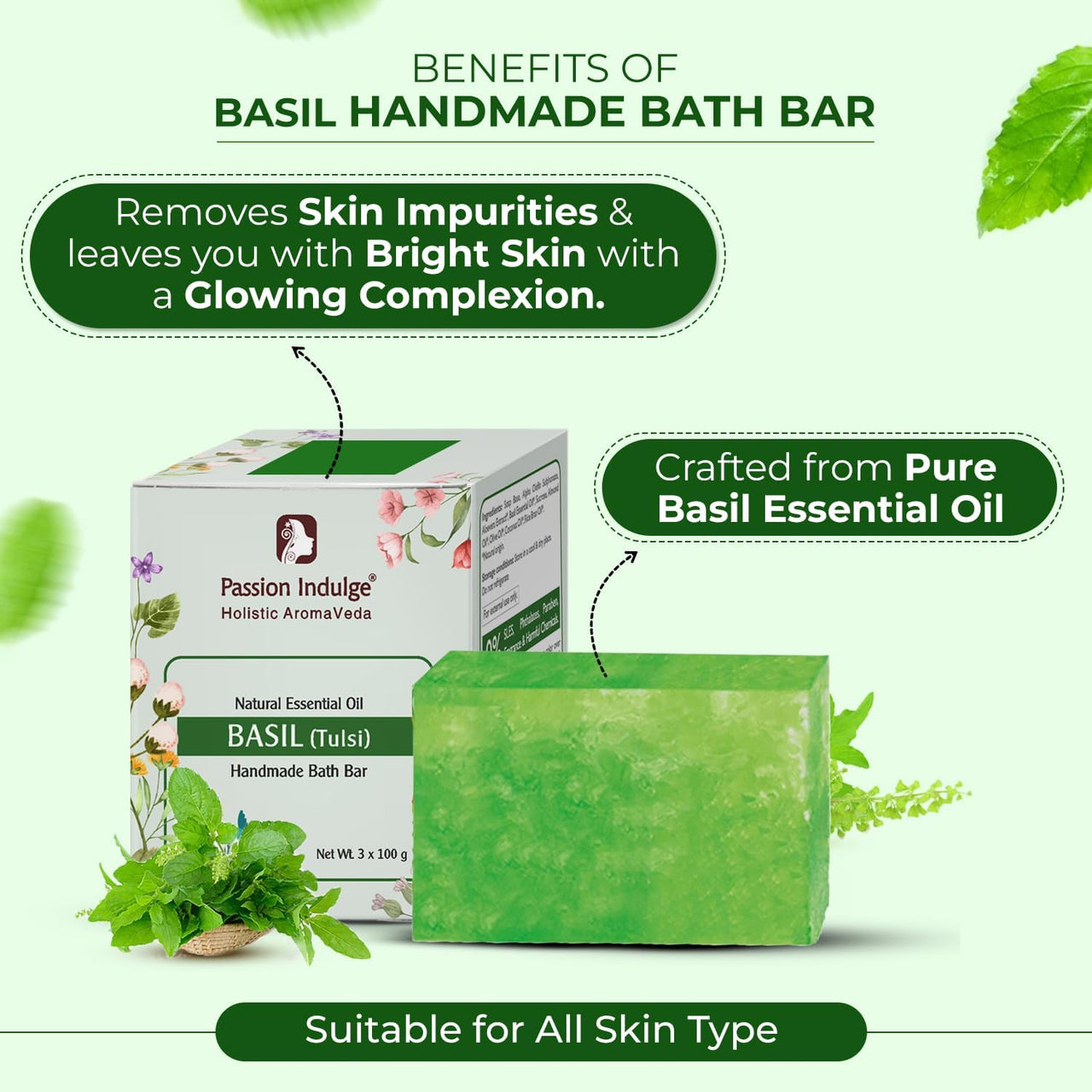 Passion Indulge Handmade Soap Basil Natural Bath Bar - Pack of 3