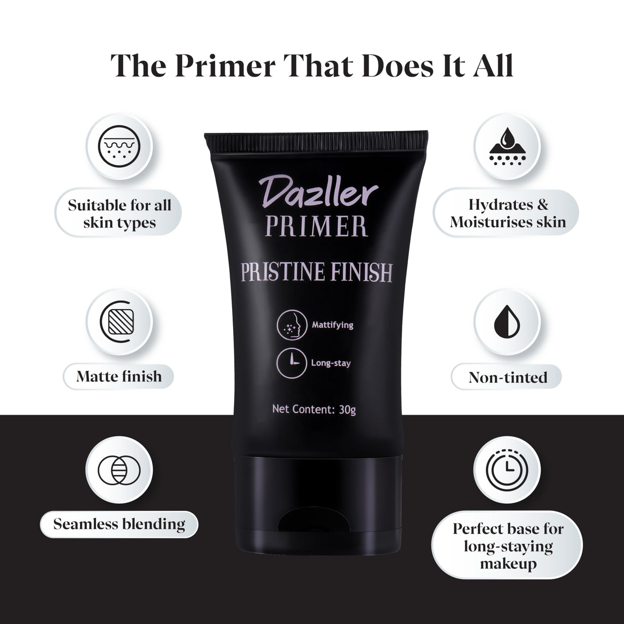 Dazller Primer Pristine Finish, 30g - Seamless Blending, Enriched with Natural Extracts & Vitamin E, Long-Lasting, Non-Tinted, Suitable for All Skin Type