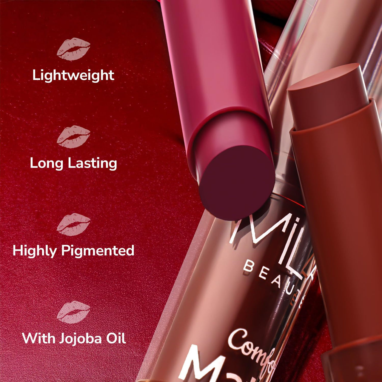 Mila Beauté Creamy Comfort Matte Long-Lasting Lipstick for Women | Highly Pigmented & Hydrating Lipstick with Jojoba | Single Swipe Application | Suitable for Indian Skin Tones - CHOCO BROWNIE