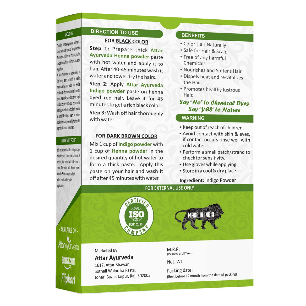 Attar Ayurveda Indigo Powder For Black Hair, 400g